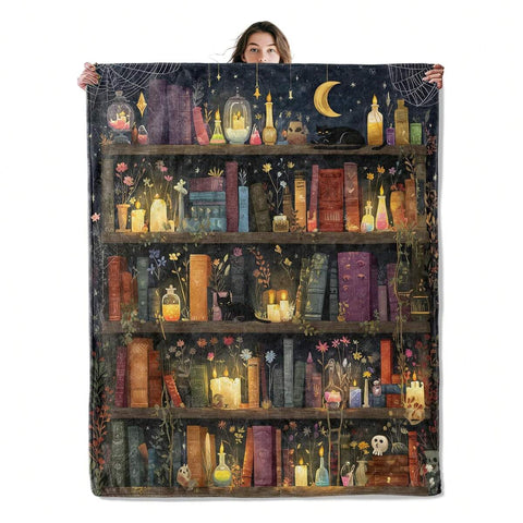 Bookshelf Throw Blanket Soft Cozy Lightweight Flannel Blankets With Black Cat Candle Book Moon Star Dark Background Printed For Magic Lovers Bedroom Dorm Office Home Decor Gifts 50x60 Inch, Soft Flannel Blanket - Multiple Sizes, Cozy Must-Have
