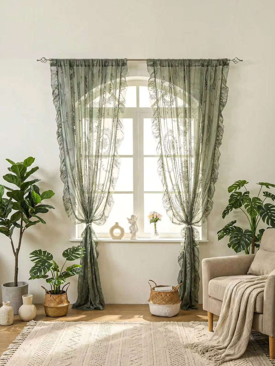 1pc Green French Romantic Ruffle Voile Window Curtain, Elegant French Style With Floral Pole Pocket For Living Room Bedroom Office Kitchen